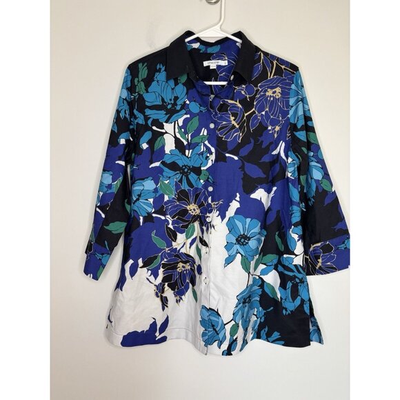 CHICO'S Button Up Tunic Collared Womens 8 (1) Floral Colorful 3/4 Slv - Picture 1 of 6